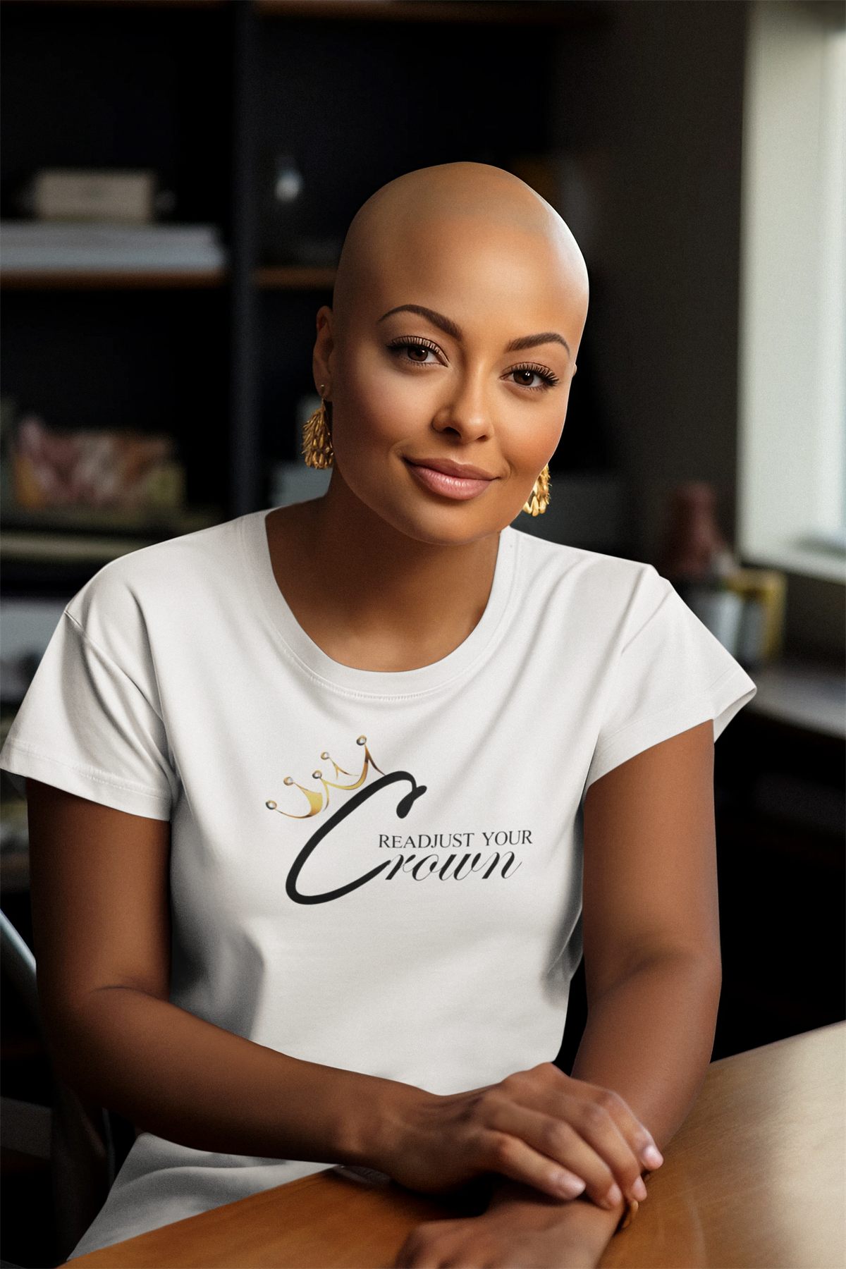 A woman wearing a Readjust Your Crown t-shirt, seated at a table.